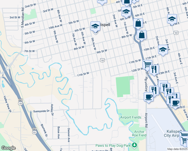 map of restaurants, bars, coffee shops, grocery stores, and more near 1201 6th Avenue West in Kalispell