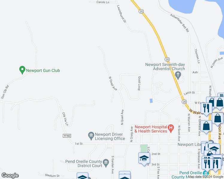 map of restaurants, bars, coffee shops, grocery stores, and more near 506 North Quail Avenue in Newport