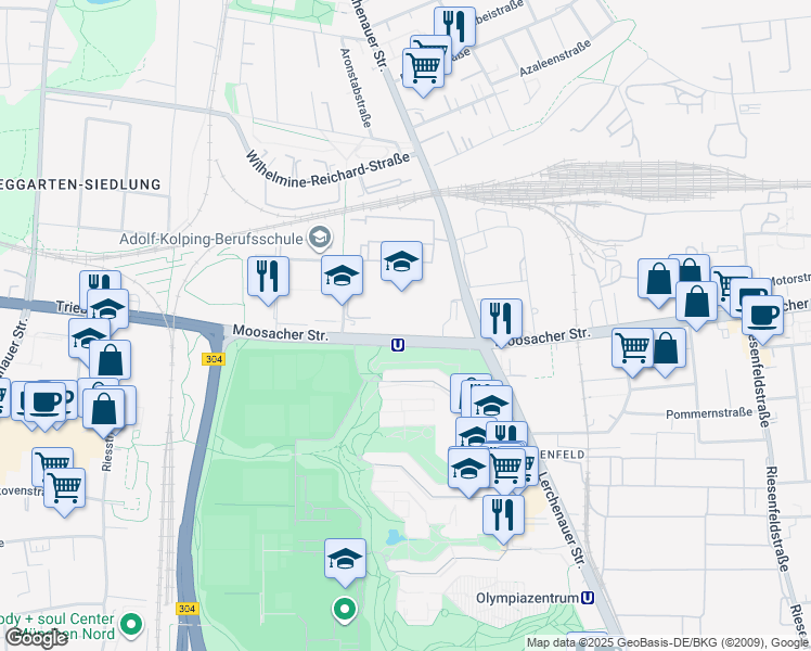 map of restaurants, bars, coffee shops, grocery stores, and more near 80 Moosacher Straße in München