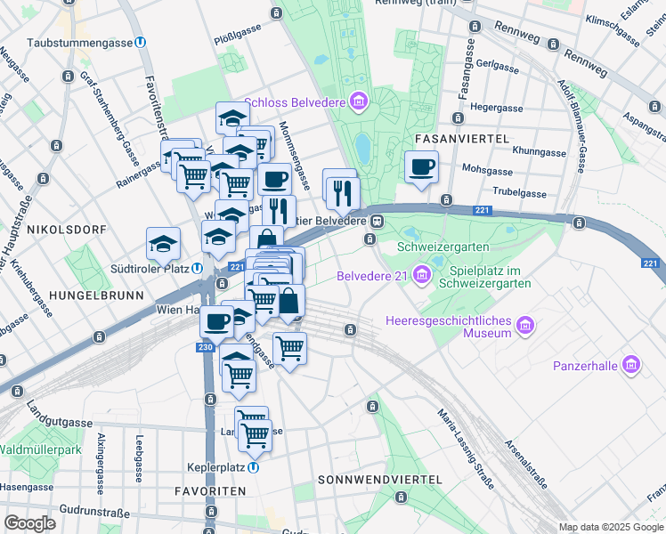 map of restaurants, bars, coffee shops, grocery stores, and more near 4 Karl-Popper-Straße in Wien
