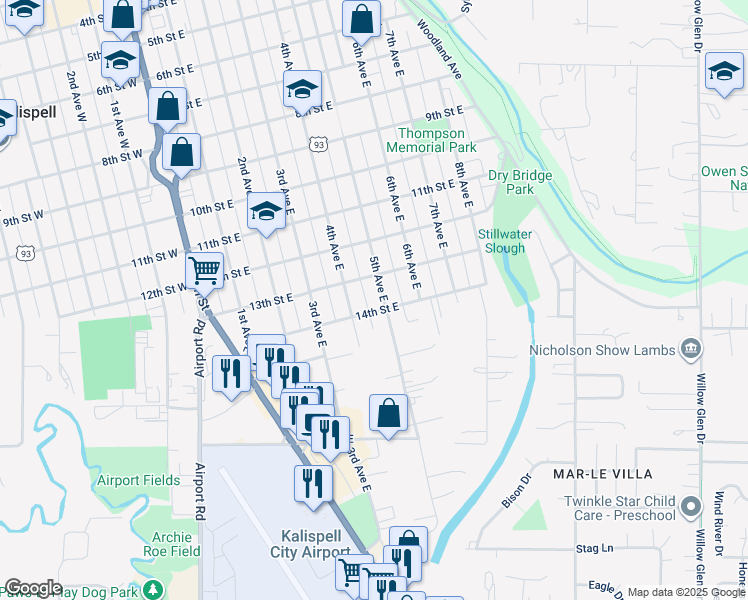 map of restaurants, bars, coffee shops, grocery stores, and more near 1406 5th Avenue East in Kalispell