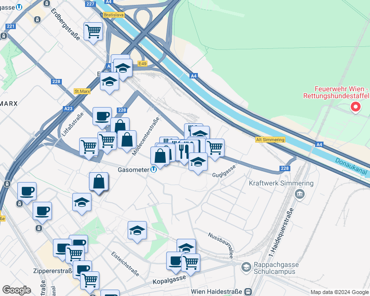 map of restaurants, bars, coffee shops, grocery stores, and more near 1 Paragonstraße in Vienna