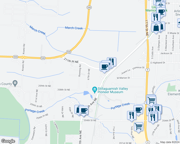 map of restaurants, bars, coffee shops, grocery stores, and more near 20925 67th Drive Northeast in Arlington