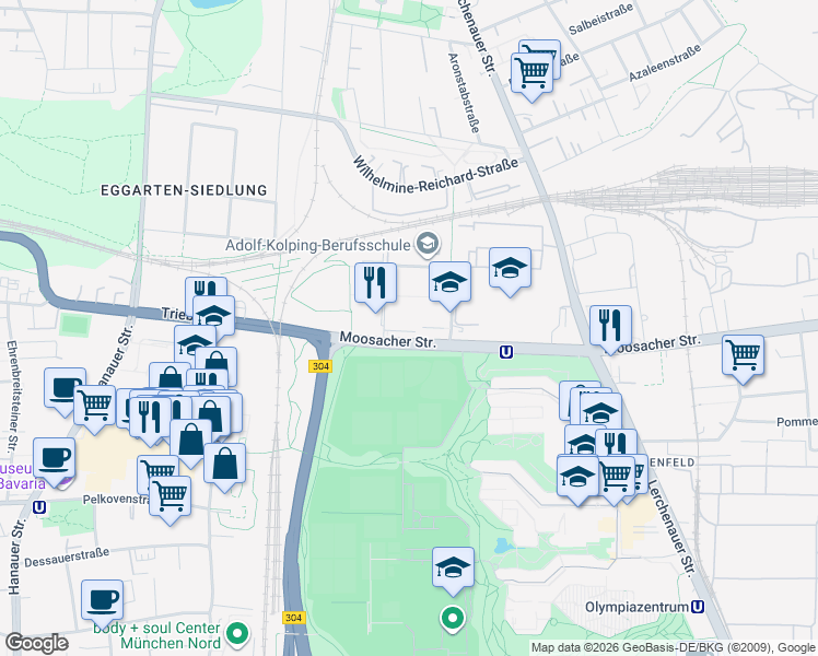 map of restaurants, bars, coffee shops, grocery stores, and more near 84 - 67 Moosacher Straße in München
