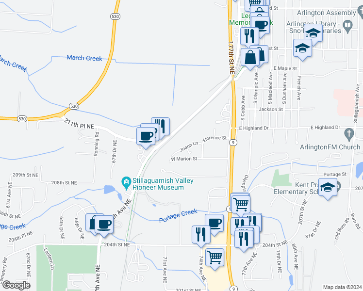 map of restaurants, bars, coffee shops, grocery stores, and more near 223 Joann Lane in Arlington