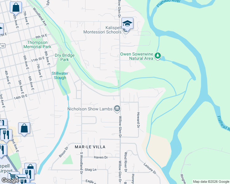 map of restaurants, bars, coffee shops, grocery stores, and more near 486-494 Willow Glen Drive in Kalispell