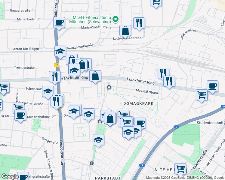 map of restaurants, bars, coffee shops, grocery stores, and more near 4 Bauhausplatz in München