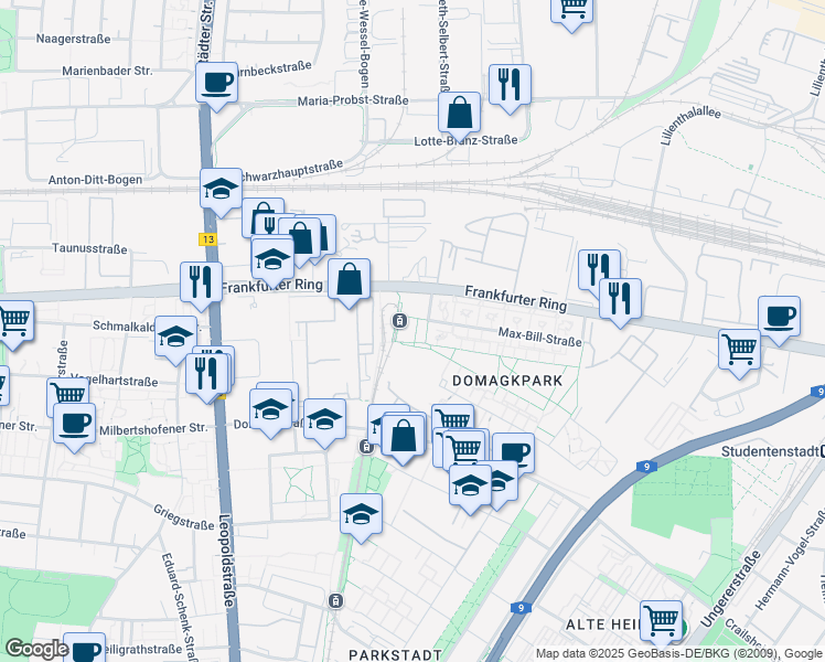 map of restaurants, bars, coffee shops, grocery stores, and more near 4 Bauhausplatz in München