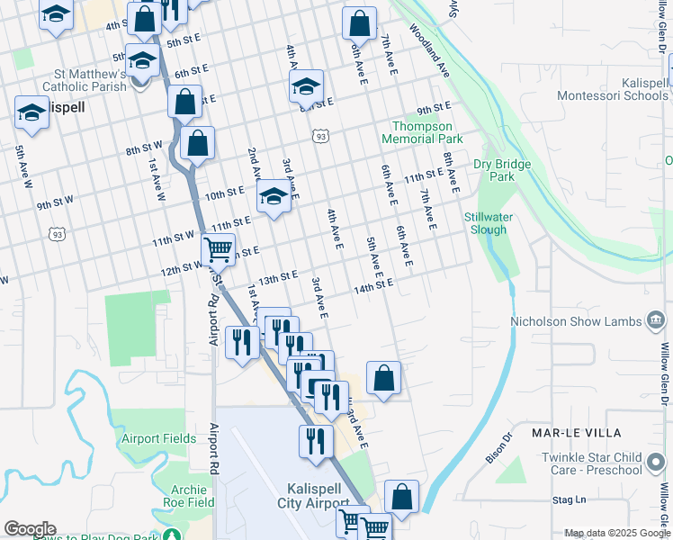 map of restaurants, bars, coffee shops, grocery stores, and more near 1235 4th Avenue East in Kalispell