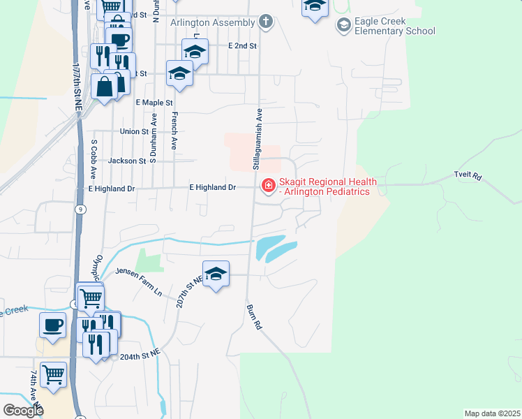 map of restaurants, bars, coffee shops, grocery stores, and more near 502 South Stillaguamish Avenue in Arlington