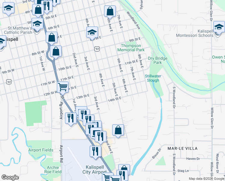 map of restaurants, bars, coffee shops, grocery stores, and more near 1245 5th Avenue East in Kalispell
