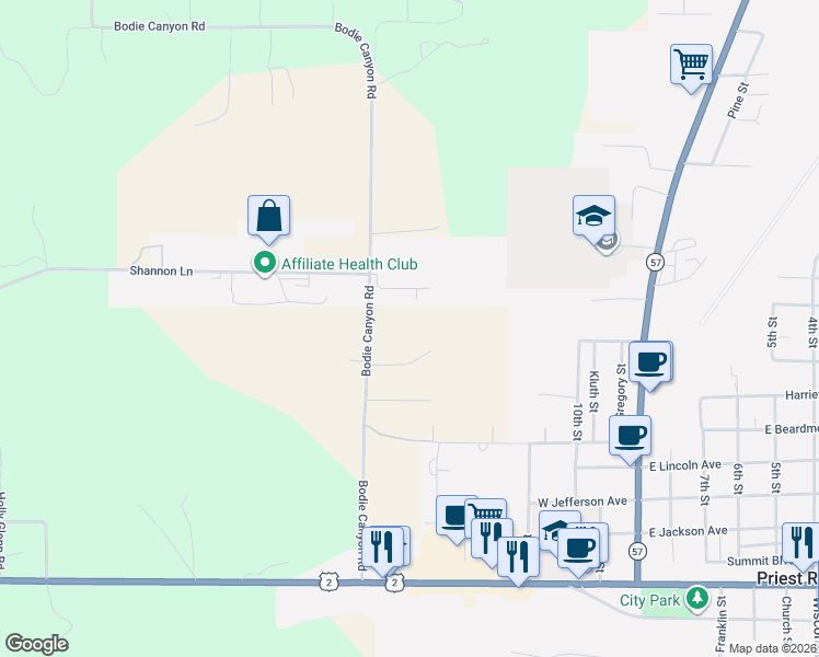 map of restaurants, bars, coffee shops, grocery stores, and more near 543 Bodie Canyon Road in Priest River