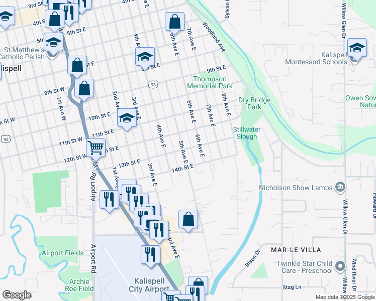 map of restaurants, bars, coffee shops, grocery stores, and more near 1245 5th Avenue East in Kalispell