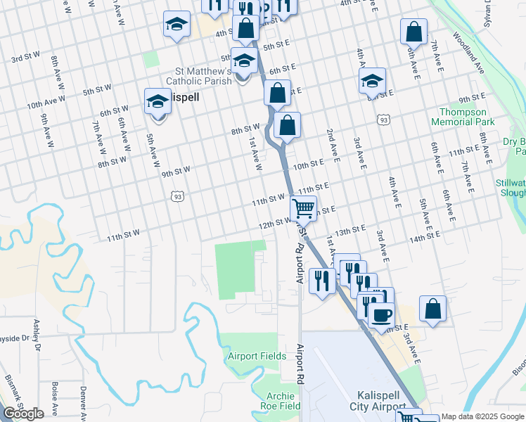 map of restaurants, bars, coffee shops, grocery stores, and more near 1122 1st Avenue West in Kalispell