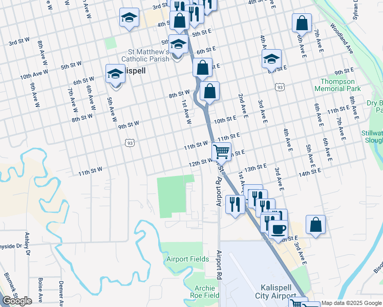 map of restaurants, bars, coffee shops, grocery stores, and more near 1122 1st Avenue West in Kalispell