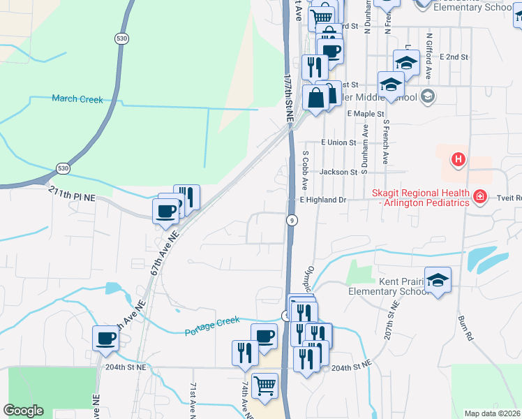 map of restaurants, bars, coffee shops, grocery stores, and more near 518 Hillcrest Drive in Arlington