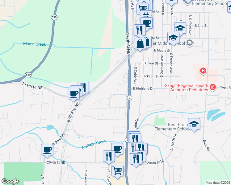 map of restaurants, bars, coffee shops, grocery stores, and more near 518 Hillcrest Drive in Arlington
