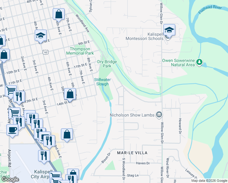 map of restaurants, bars, coffee shops, grocery stores, and more near 1480 Memory Ln in Kalispell