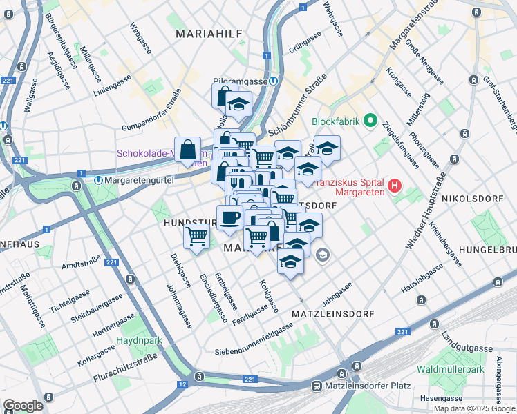 map of restaurants, bars, coffee shops, grocery stores, and more near 8 Schwarzhorngasse in Vienna