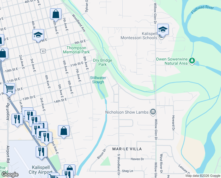 map of restaurants, bars, coffee shops, grocery stores, and more near 1480 Memory Lane in Kalispell