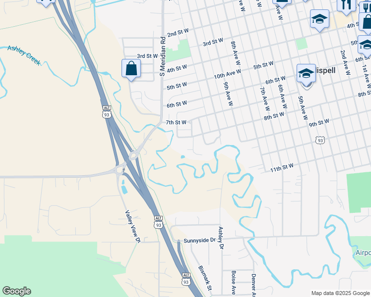 map of restaurants, bars, coffee shops, grocery stores, and more near 111 Meadow Court in Kalispell