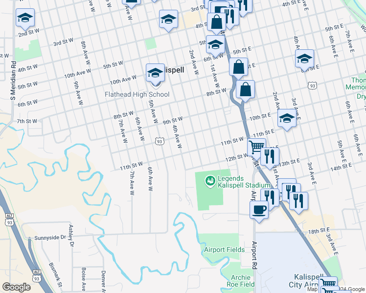map of restaurants, bars, coffee shops, grocery stores, and more near 1028 3rd Ave E in Kalispell