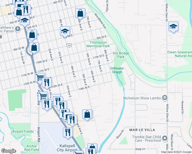 map of restaurants, bars, coffee shops, grocery stores, and more near 602 13th Street East in Kalispell