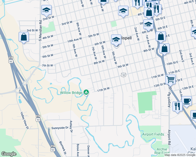 map of restaurants, bars, coffee shops, grocery stores, and more near 938 7th Avenue West in Kalispell