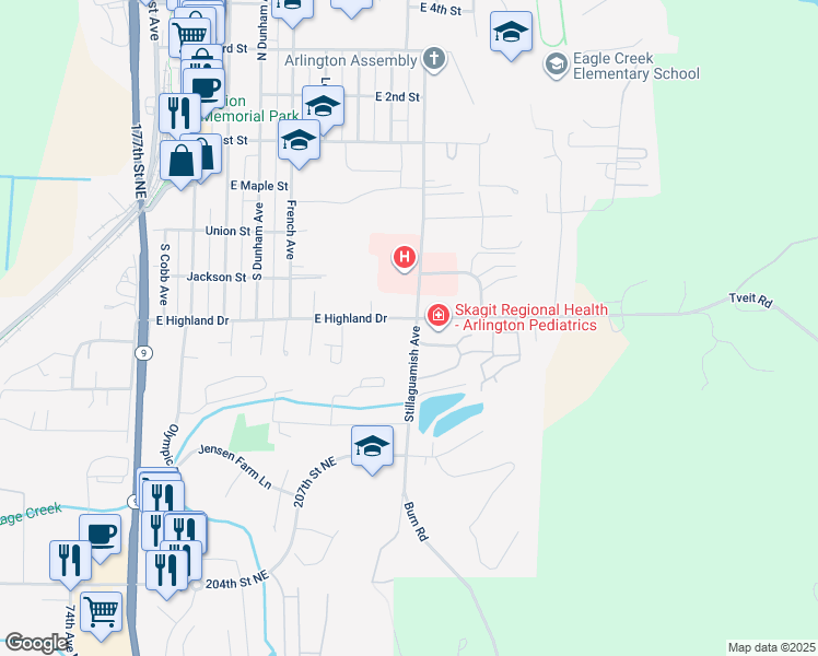 map of restaurants, bars, coffee shops, grocery stores, and more near 502 South Stillaguamish Avenue in Arlington