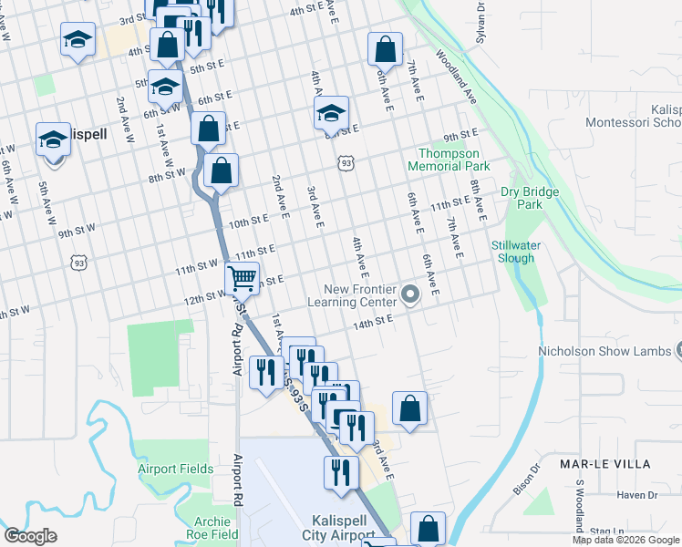 map of restaurants, bars, coffee shops, grocery stores, and more near 1213 3rd Avenue East in Kalispell