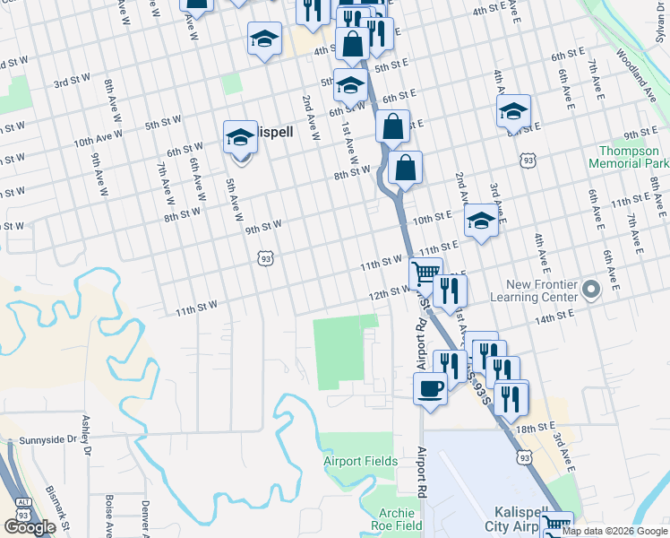 map of restaurants, bars, coffee shops, grocery stores, and more near 221 11th St W in Kalispell
