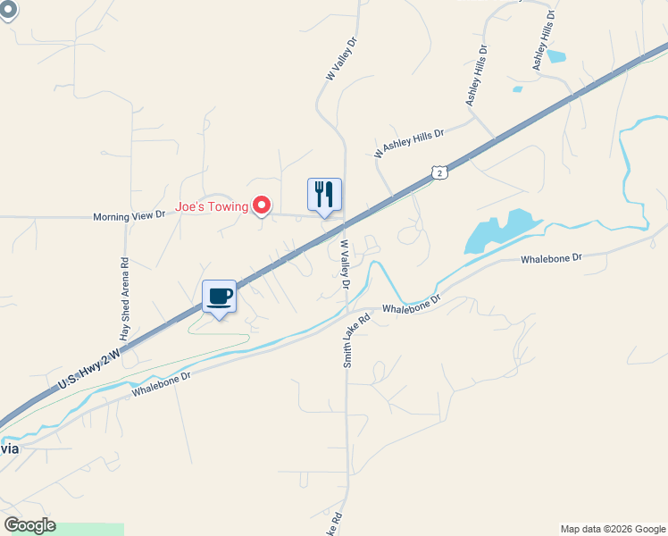map of restaurants, bars, coffee shops, grocery stores, and more near 50 West Valley Drive in Kalispell