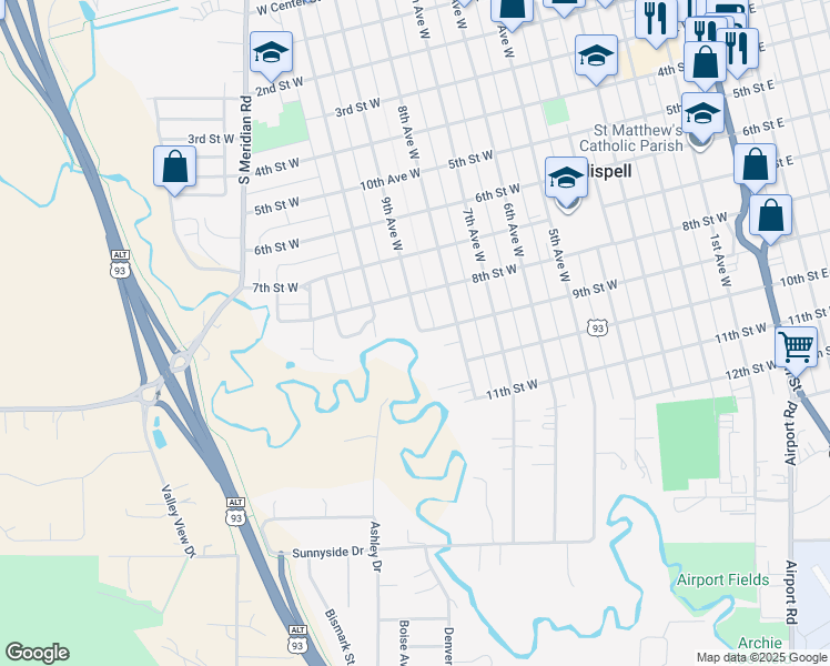 map of restaurants, bars, coffee shops, grocery stores, and more near 1004 8th Avenue West in Kalispell