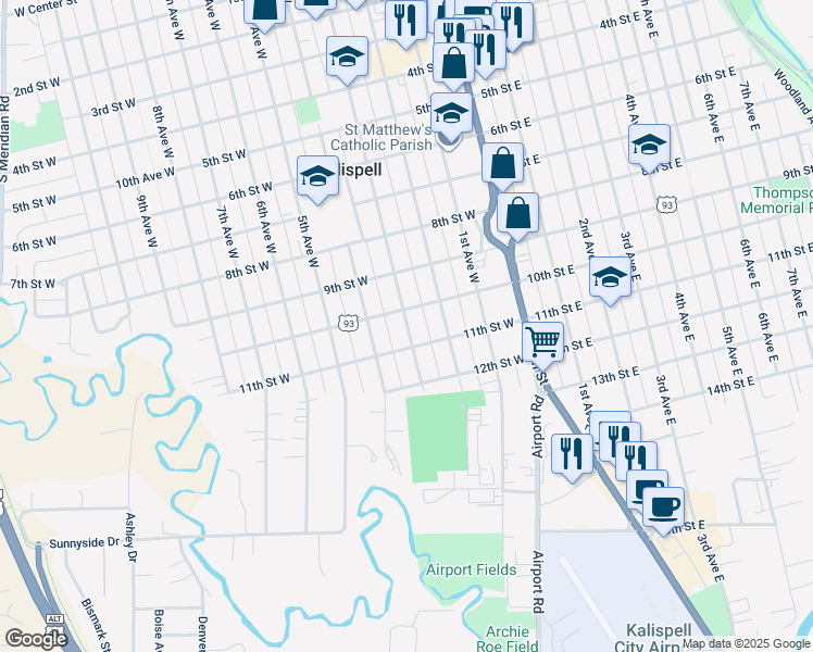 map of restaurants, bars, coffee shops, grocery stores, and more near 1028 3rd Avenue West in Kalispell