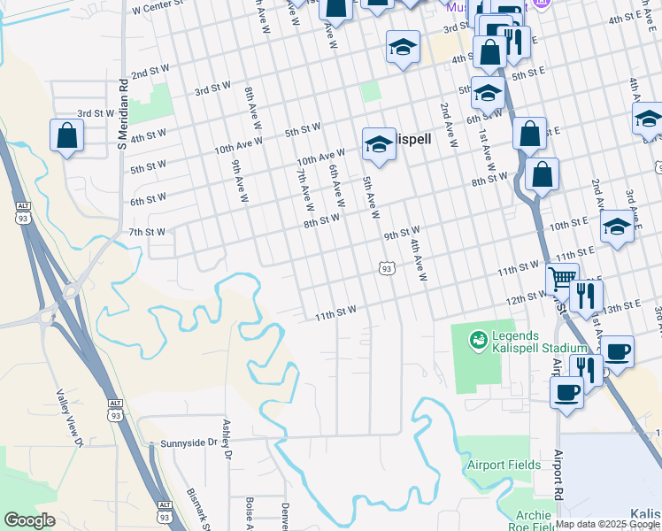 map of restaurants, bars, coffee shops, grocery stores, and more near 938 7th Avenue West in Kalispell