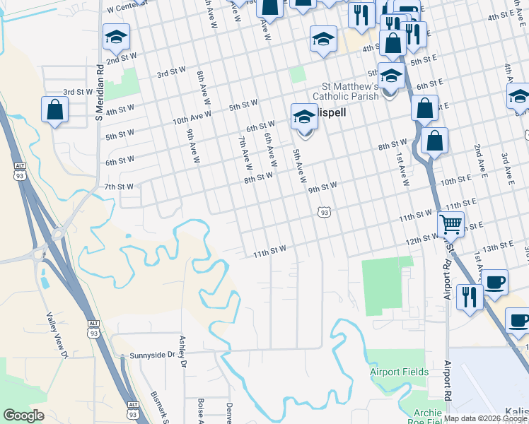 map of restaurants, bars, coffee shops, grocery stores, and more near 938 7th Avenue West in Kalispell