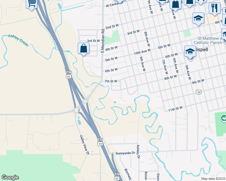 map of restaurants, bars, coffee shops, grocery stores, and more near 111 Meadow Court in Kalispell
