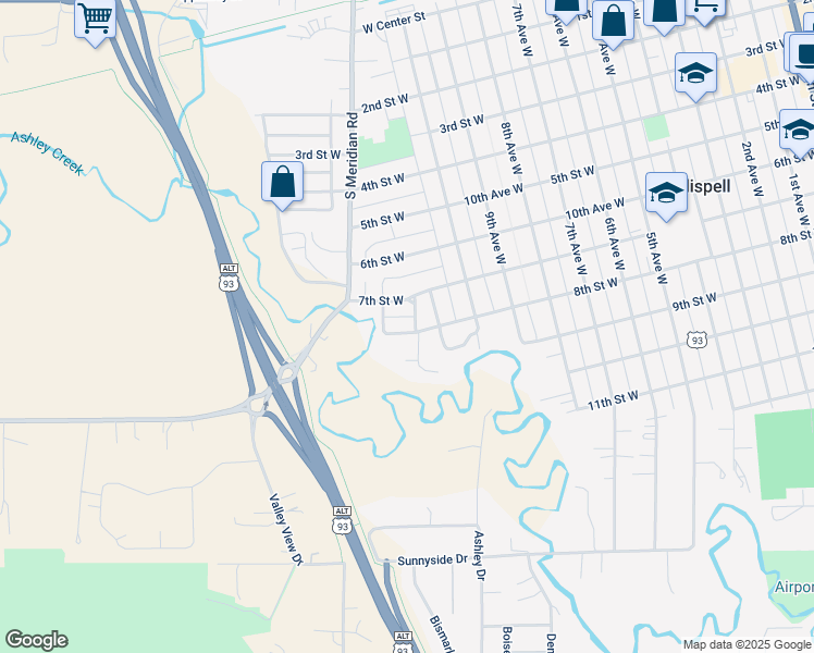 map of restaurants, bars, coffee shops, grocery stores, and more near 1207 7th St W in Kalispell