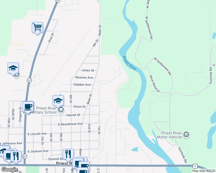 map of restaurants, bars, coffee shops, grocery stores, and more near 623 Cemetery Road in Priest River