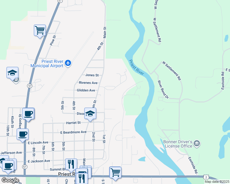 map of restaurants, bars, coffee shops, grocery stores, and more near 649 Larch Street in Priest River