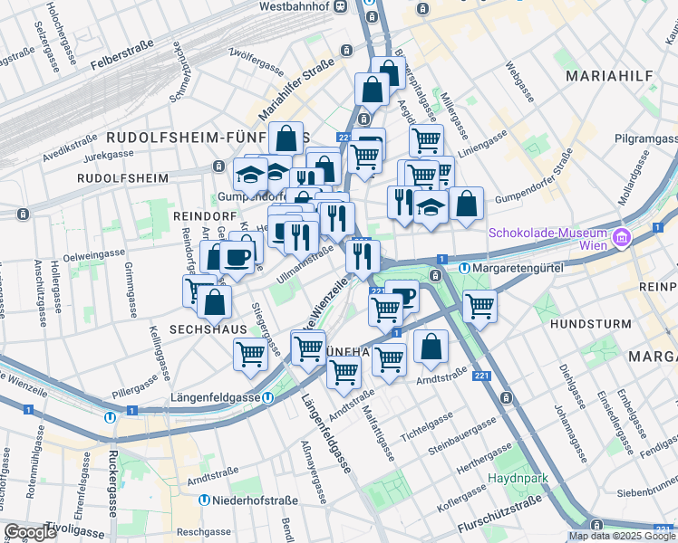 map of restaurants, bars, coffee shops, grocery stores, and more near 3 Graumanngasse in Wien
