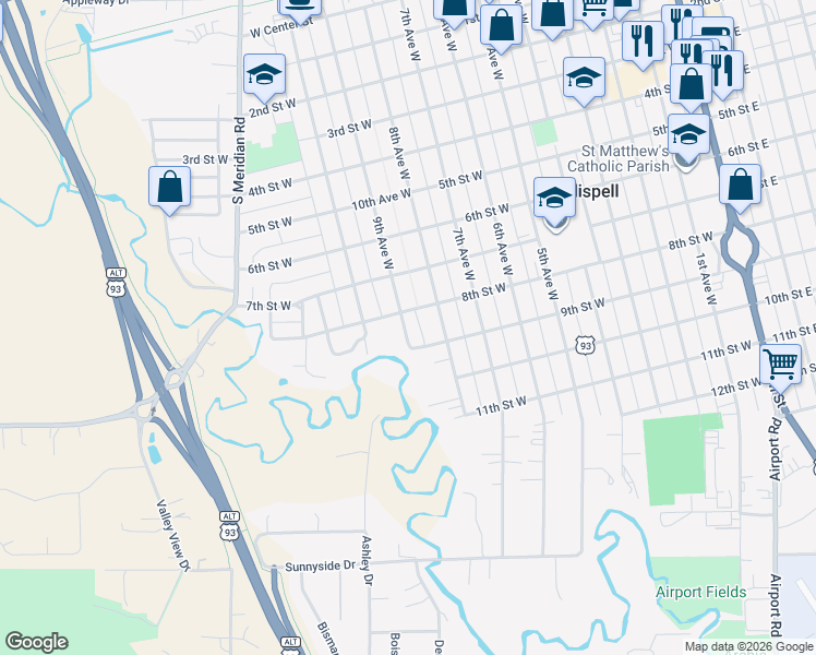 map of restaurants, bars, coffee shops, grocery stores, and more near 745 9th Avenue West in Kalispell