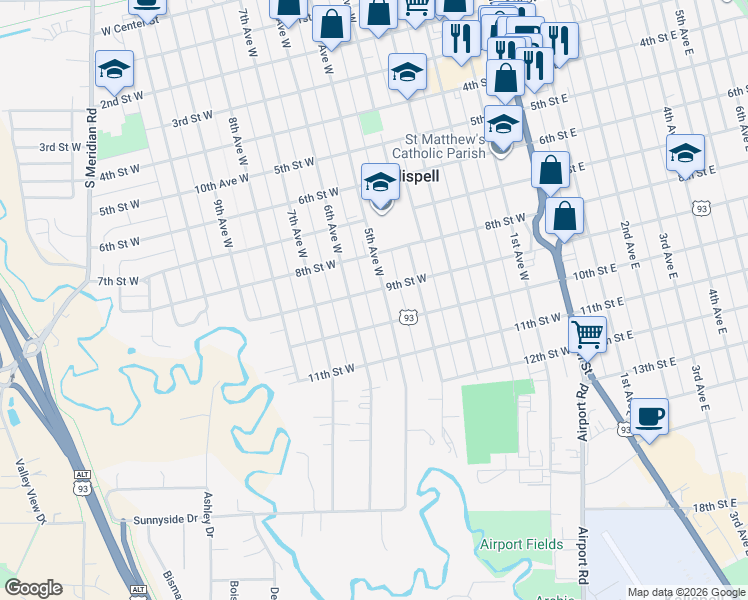 map of restaurants, bars, coffee shops, grocery stores, and more near 835 5th Avenue West in Kalispell