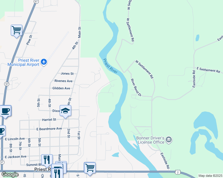 map of restaurants, bars, coffee shops, grocery stores, and more near 649 Larch Street in Priest River