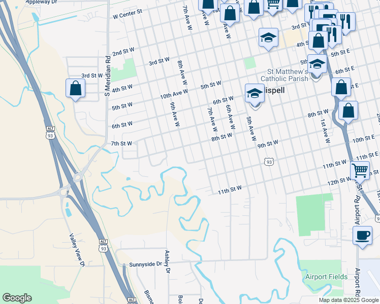 map of restaurants, bars, coffee shops, grocery stores, and more near 745 9th Avenue West in Kalispell