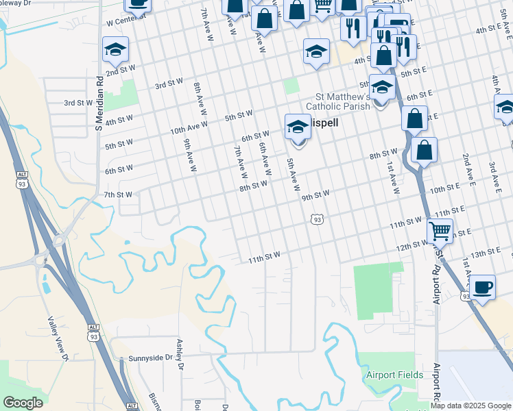 map of restaurants, bars, coffee shops, grocery stores, and more near 841 7th Avenue West in Kalispell