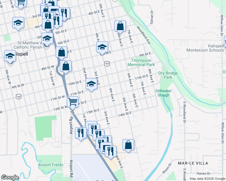 map of restaurants, bars, coffee shops, grocery stores, and more near 1104 5th Ave E in Kalispell