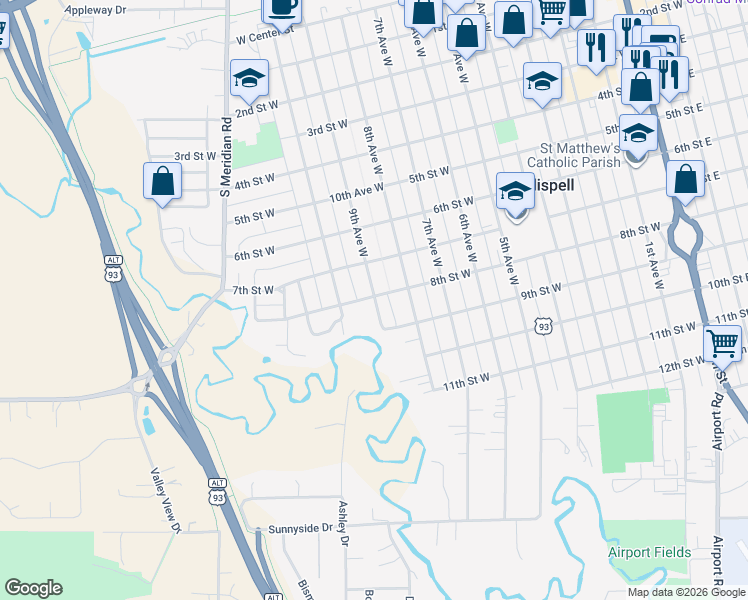 map of restaurants, bars, coffee shops, grocery stores, and more near 745 9th Avenue West in Kalispell