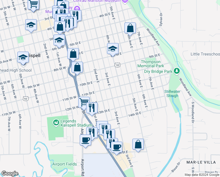 map of restaurants, bars, coffee shops, grocery stores, and more near 320 11th Street East in Kalispell