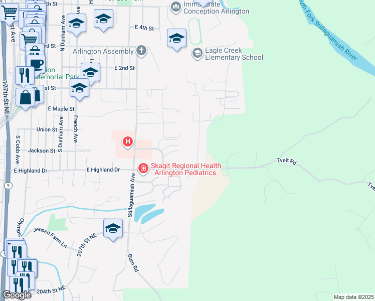 map of restaurants, bars, coffee shops, grocery stores, and more near 21308 87th Avenue Northeast in Arlington